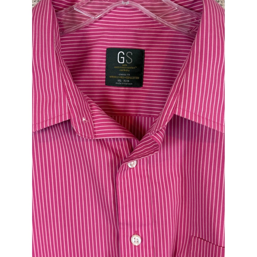 GS Mens Classic Fit Pink Striped Wrinkle Free Cotton Dress Shirt 18.5 35/36 Prep